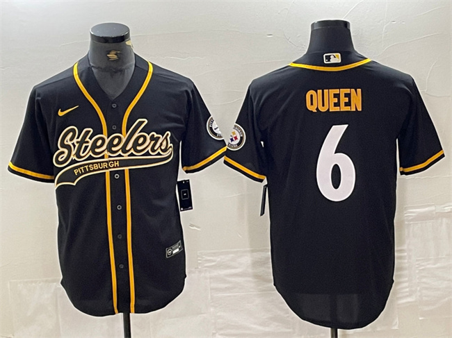 Men's Pittsburgh Steelers #6 Patrick Queen Black With Patch Cool Base Stitched Baseball Jersey